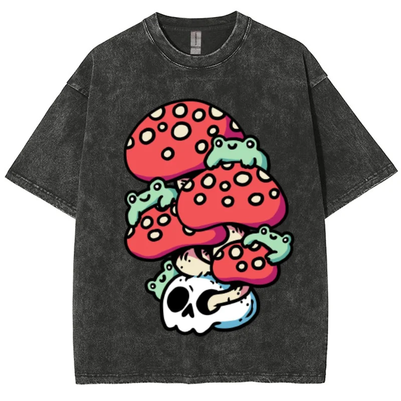 

Girly Cute Style Cartoon Red Mushroom Skull Print Women's T-Shirt Loose Oversized Wash Short Sleeve Fashion Design Top