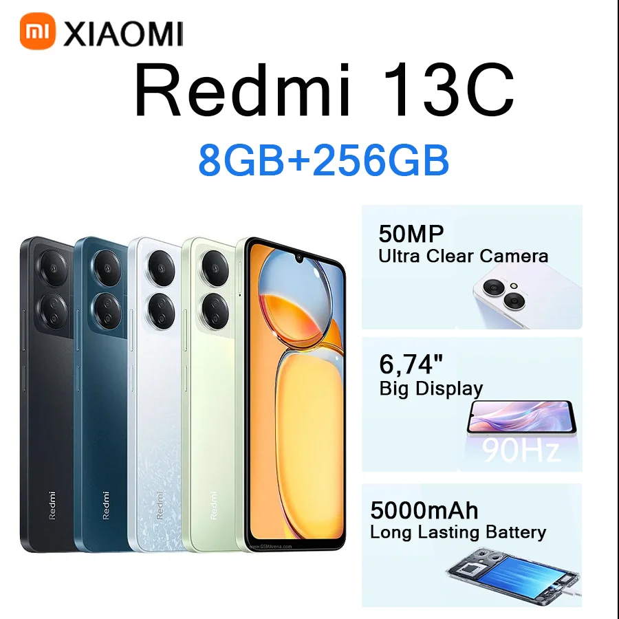 Teléfono Inteligente Xiaomi Redmi 13C, 8GB de RAM, 256GB de ROM, Pantalla HD de 6.74 Pulgadas, Batería de Larga Duración, Teléfono Móvil Premium