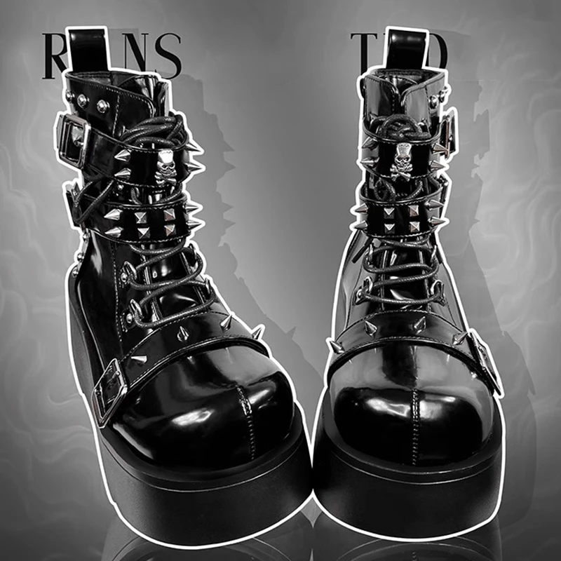 Women Punk Boots PU Leather Rivet Buckle Design Shoes Cool Retro Chunky Wedges Platform Boots Lace Up Casual Outdoor Shoes 35-40