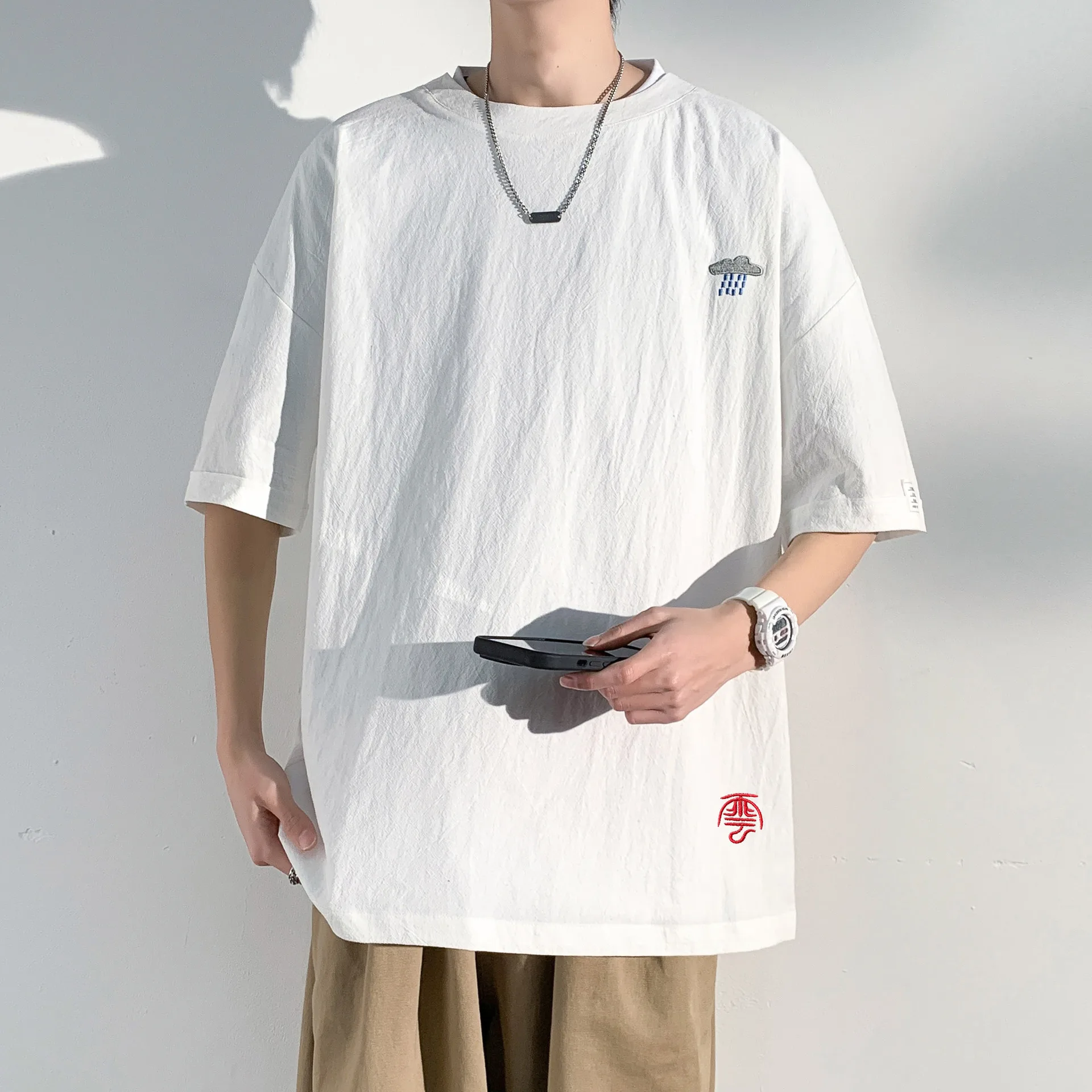 Tshirt Man 2025 Casual Summer Cotton Linen short-sleeved Shoulders Imitating Linen Embroidery Loose Casual Round Neck