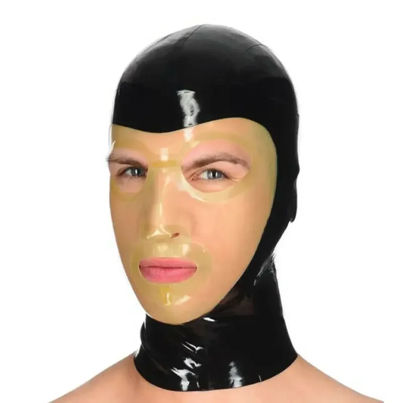 

Latex Hood Open Eyes and Mouth Back Zipper Black Spliced Transparent Rubber Mask