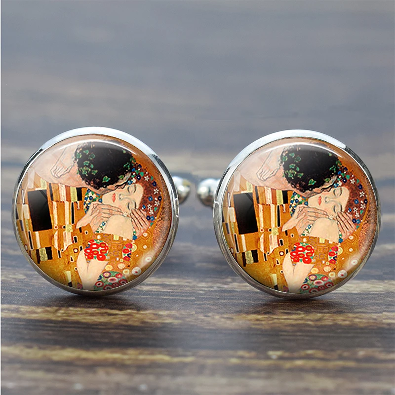 Klimt\'s Kiss Cufflinks Best Man Cufflinks Men Wedding Cufflink Art Oil Painting Klimt Suit Shirt Cuff Links Glass Jewelry