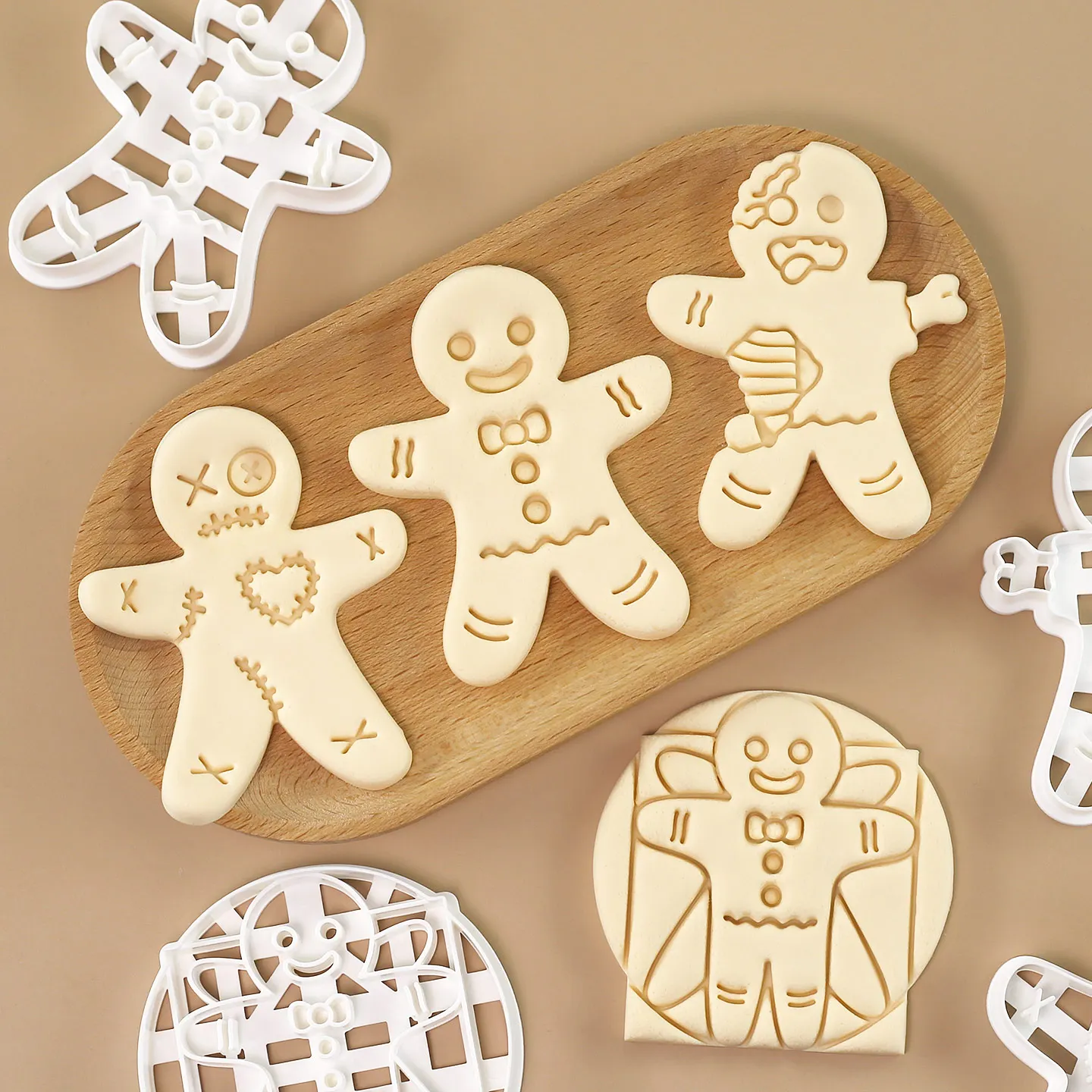 4 Uds. Cortador de galletas de hombre de jengibre espeluznante 3D Zombie Voodoo hombre de jengibre galletas pastelería moldes para hornear para decoración navideña