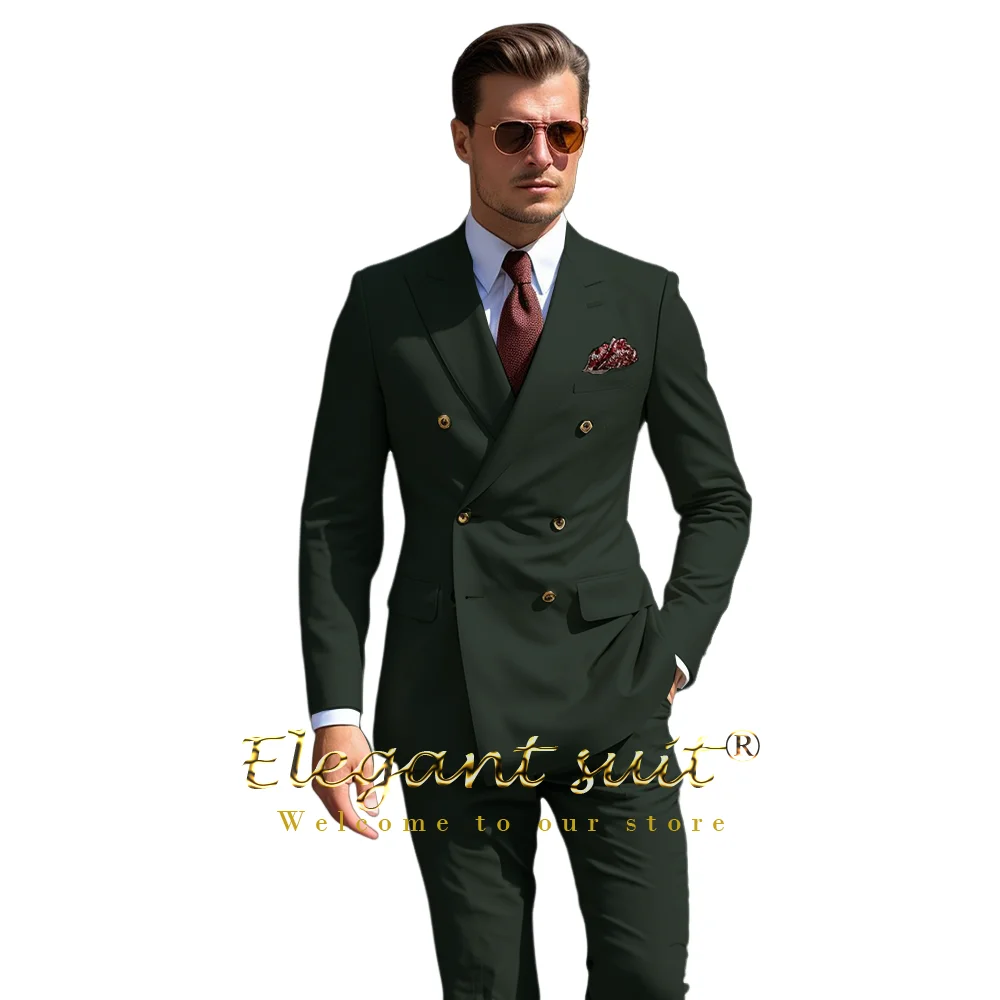 Men's double-breasted suit with gold buttons notch collar 2-piece set, wedding party birthday party event formal occasion