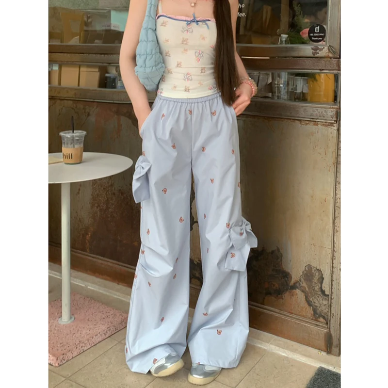 

Korean Sweet Pink Bear Print Bow Tie Cargo Pants Women Design Sense Casual Loose Thin Versatile Wide Leg Pants Female