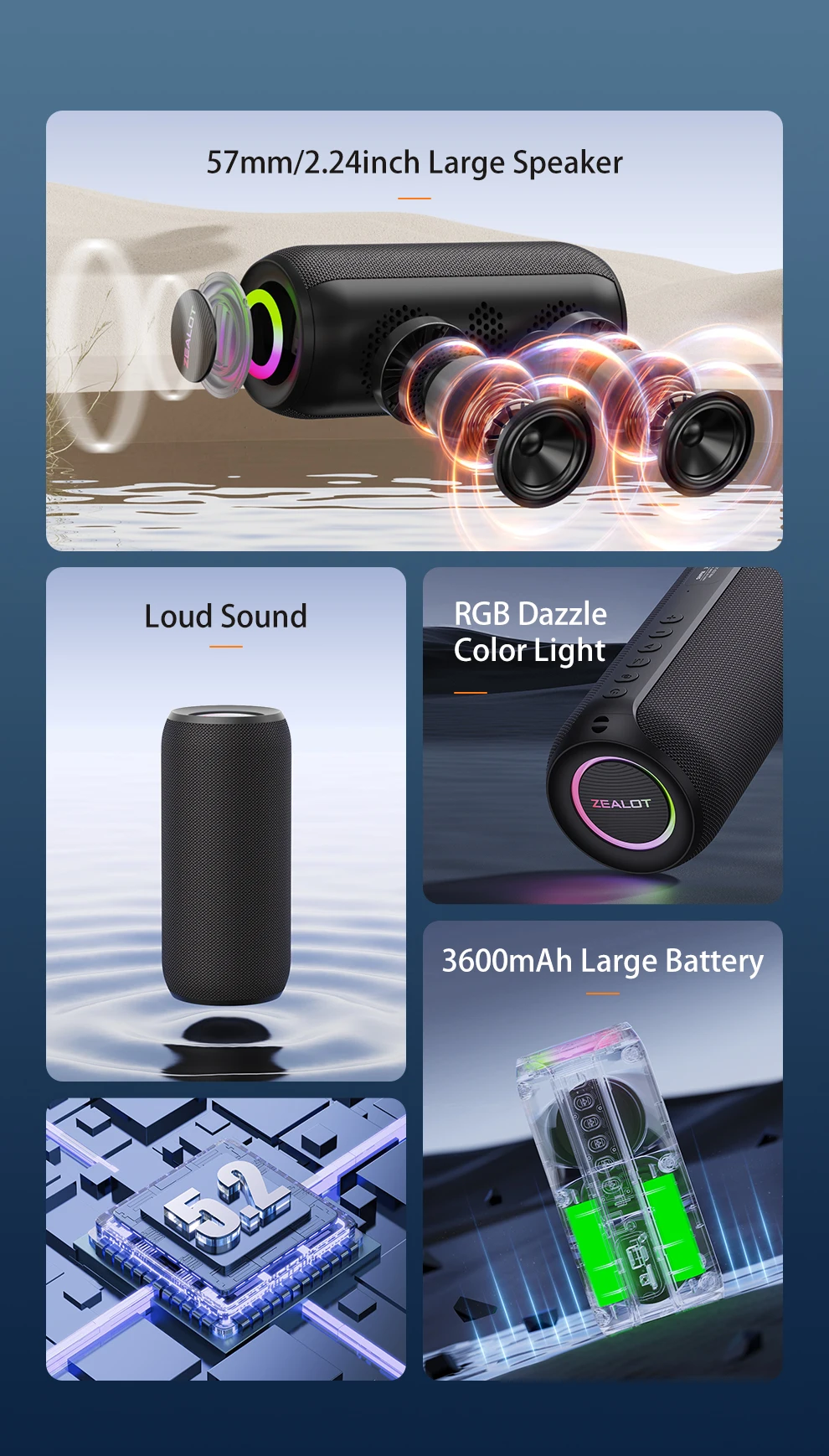 ZEALOT-S32MAX Tragbarer Bluetooth-Lautsprecher 20W Wasserdichter Kabelloser Lautsprecher Leistungsstarker Klang Bassverstärkung Ultra-Lange Akkulaufzeit – Detail 7