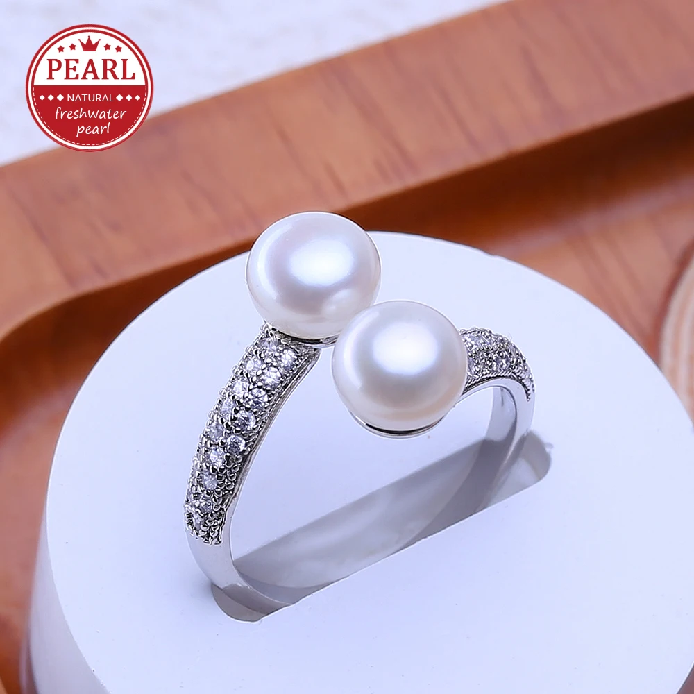 FENASY Natural Freshwater Double Pearl Rings For Women 925 Sterling Silver Party Jewelry Adjustable Wedding Engagement Ring