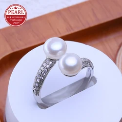 FENASY Natural Freshwater Double Pearl Rings For Women 925 Sterling Silver Party Jewelry Adjustable Wedding Engagement Ring