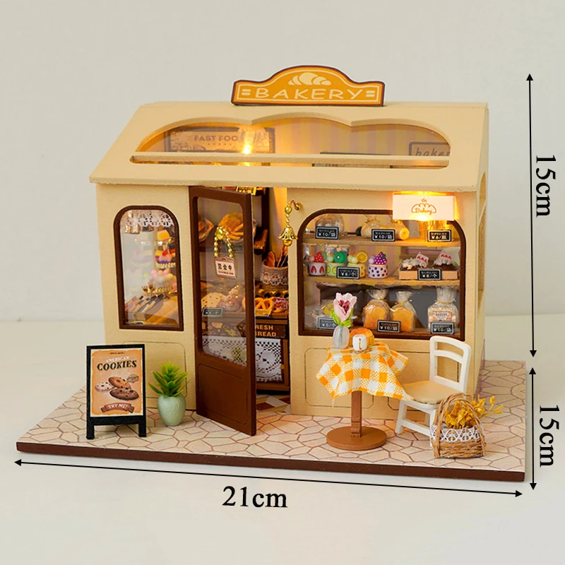 DIY Holz Miniatur Modell Kit Bäckerei Shop Casa Puppenhäuser 3D Puzzle Puppenhaus mit Möbel Lichtern für Freunde Geburtstagsgeschenk