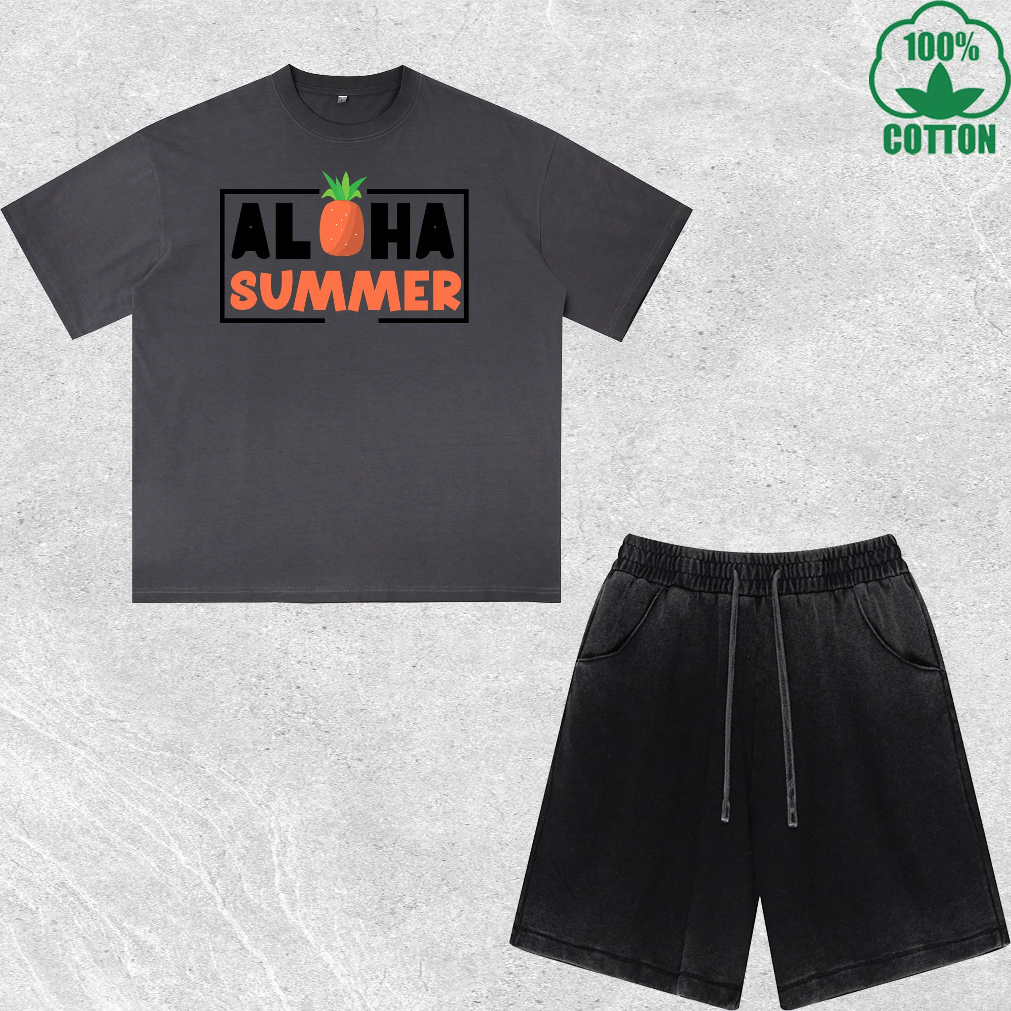 

Aloha Summer Printed Dirty Wash T-Shirt Shorts Set Combo Loose Trendy Fashionable 100%Cotton Black Suit
