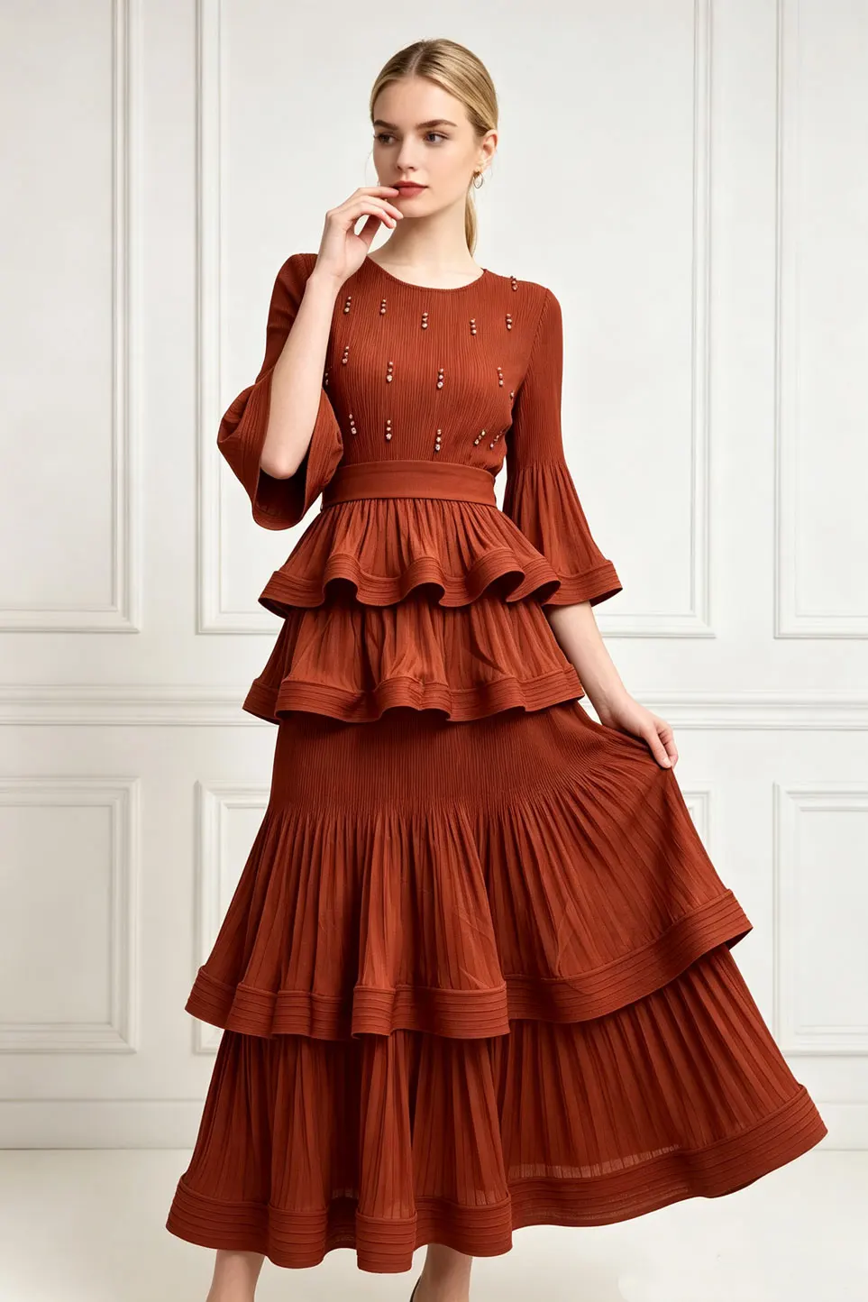 Elegant Miyake Pleated Women Dress Round Neck Flare Sleeve Beaded Multi Layer Ruffle Skirt Formal Evening Party Long Robe