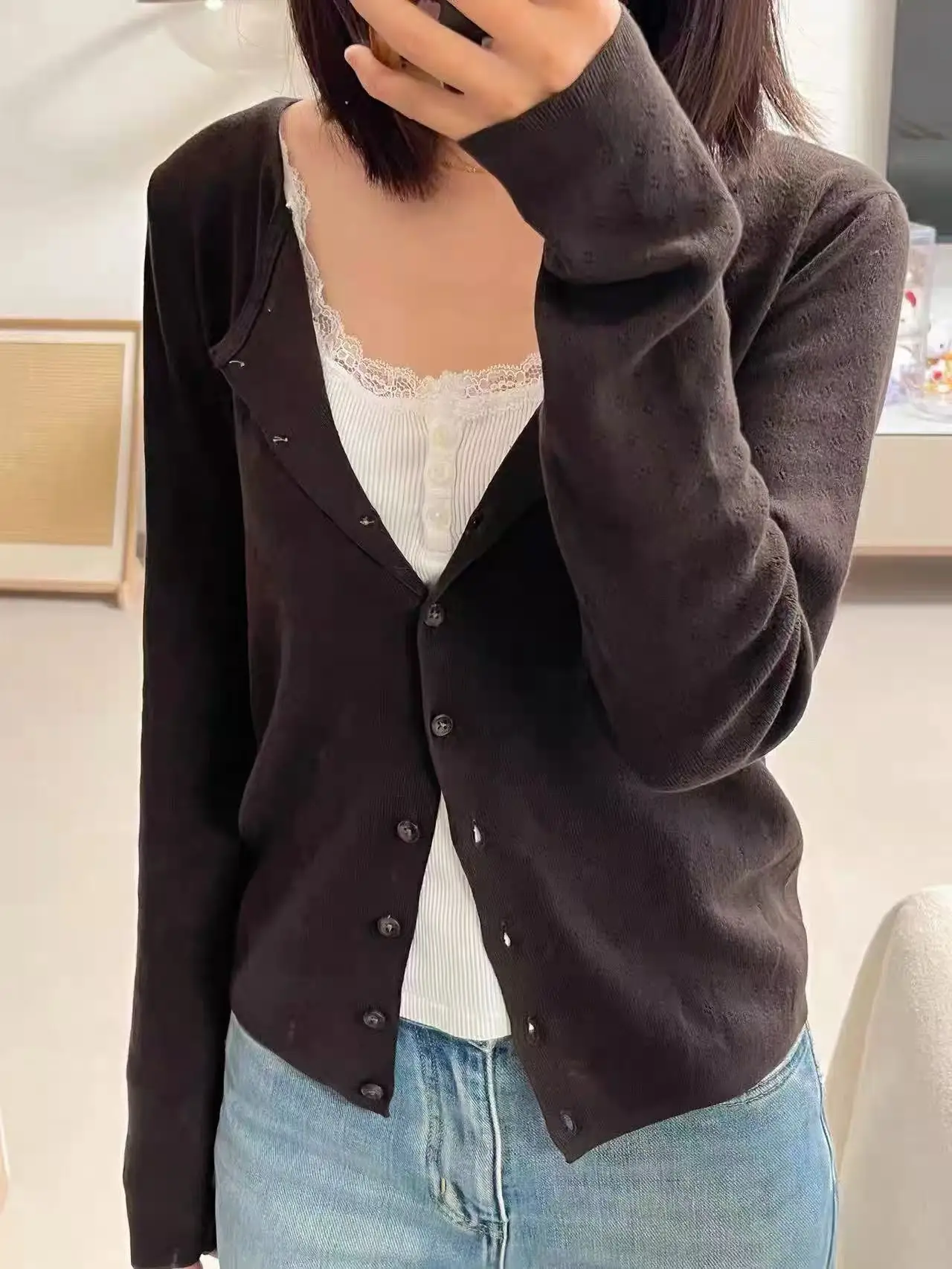 Marrom ilhó malha cardigan feminino outono novo casual algodão manga longa camisola casaco feminino vintage simples básico blusas topos