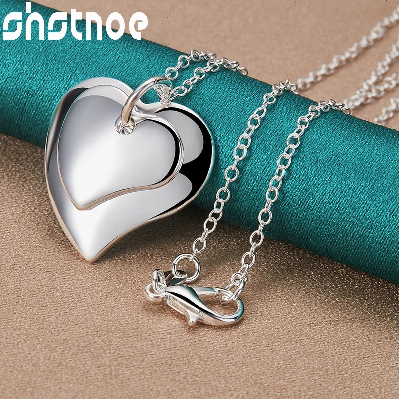 SHSTONE 925 Sterling Silver Double Heart Pendant Necklace For Women 40-75cm Chain Birthday Party Anniversaries Fashion Jewelry