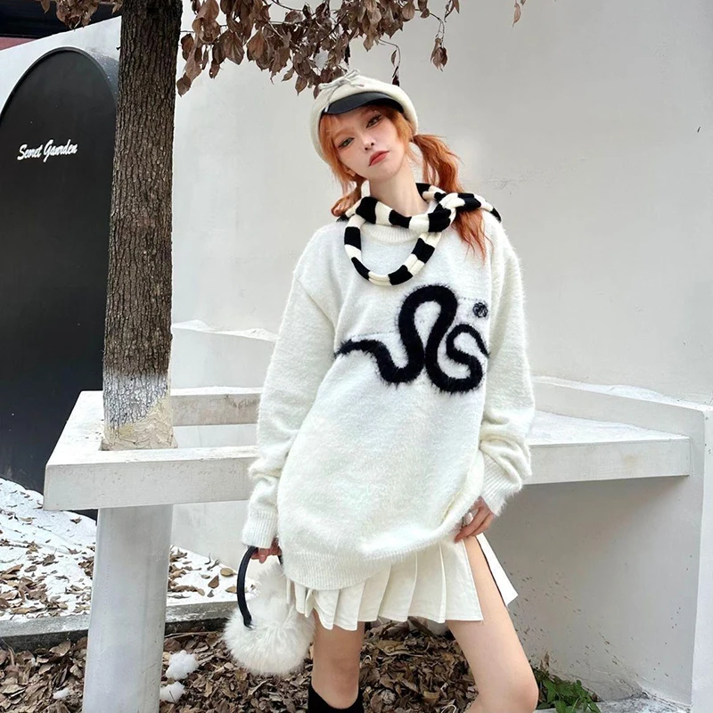 Punk Subculture Snake embroidered Goth Devil Loose pullover knit sweater vintage Harajuku y2k E-girl kawaii Aesthetic Streetwear