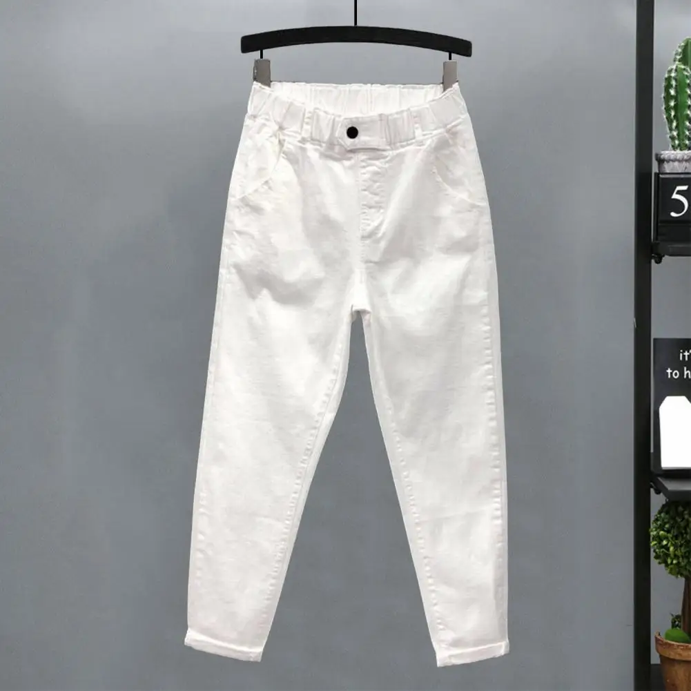 Women Casual Pants Mid-rise Elastic Waist Harem Trousers Solid Color Wide Leg Long Pants With Pockets Streetwear Женские Брюки