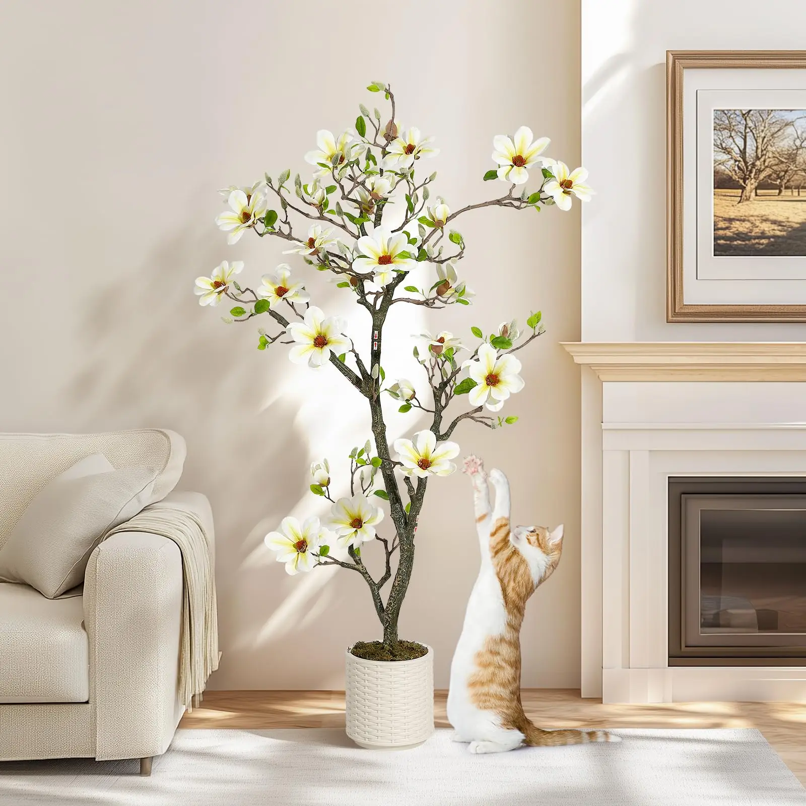 Albero di magnolia artificiale realistico, con foglie verdi folte, vaso bianco con muschio | Pianta ornamentale artificiale facile da curare per interni ed esterni, soggiorno, ufficio, patio