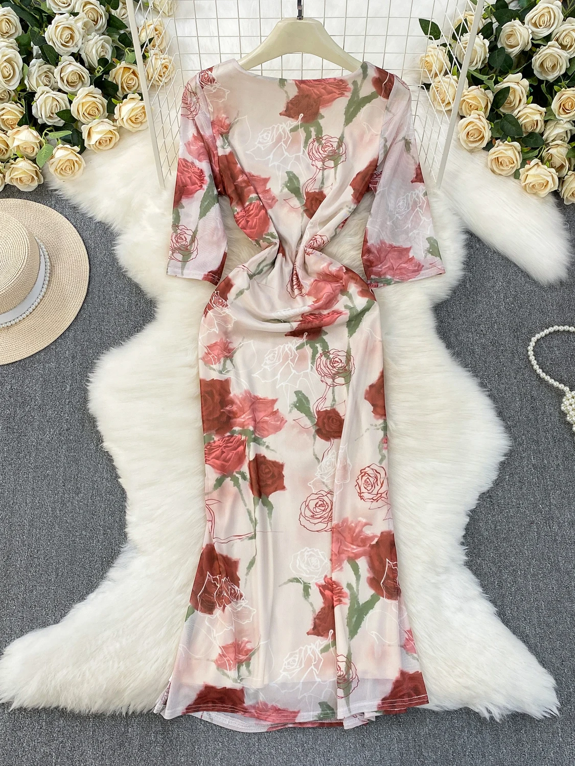 Ele imprimé Maxi Dr avec fente taille haute coupe ajustée coréen Sle femmes été Faion carré Neline 7/8 Sve Dr