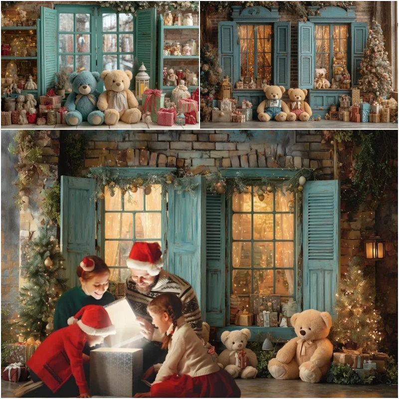 عيد الميلاد التصوير خلفية عيد الميلاد متجر نافذة خشبية دمية دب الاطفال الأسرة صور التصوير خلفية ديكور الحفلات الدعائم