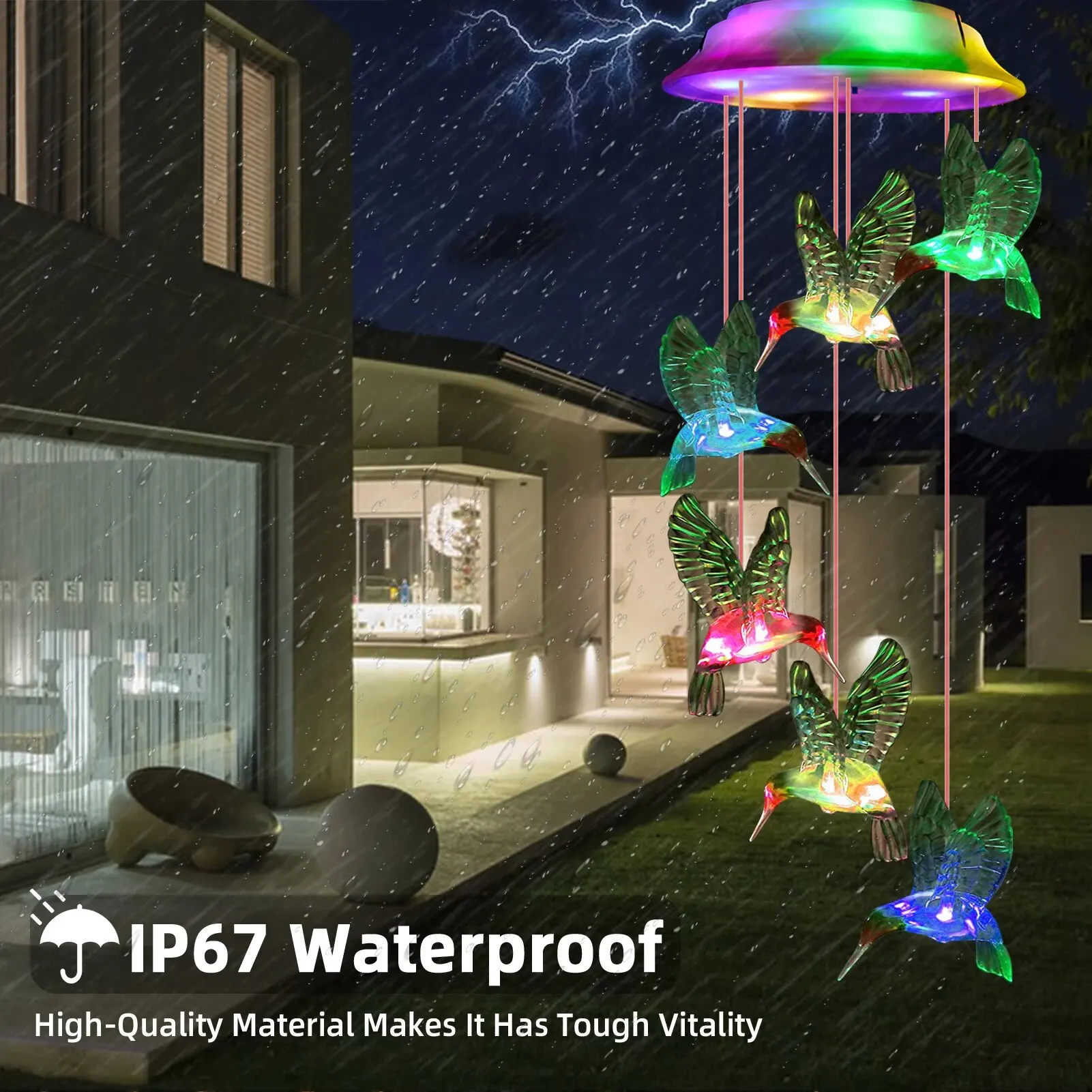 Solar Powered Outdoor Waterproof and Color Changing Hummingbird Wind Chimes for Garden Decoration Gifts