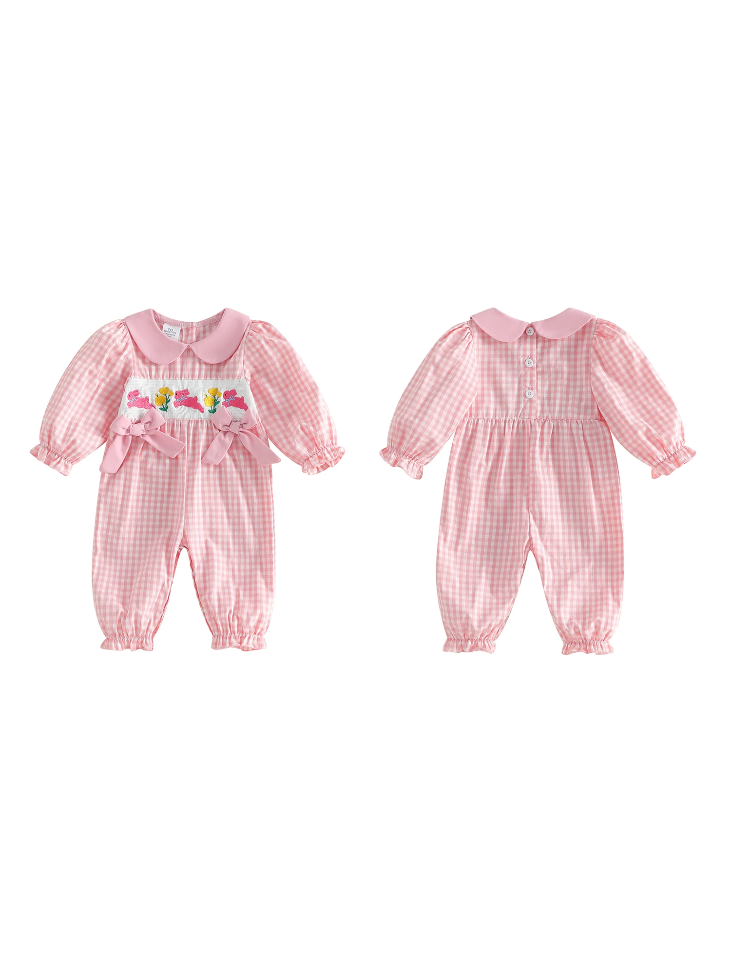 

Toddler Girl Easter Rompers with Ruffle Collar and Bunny Embroidery Long Sleeve Plaid Print Jumpsuit for Baby Girls
