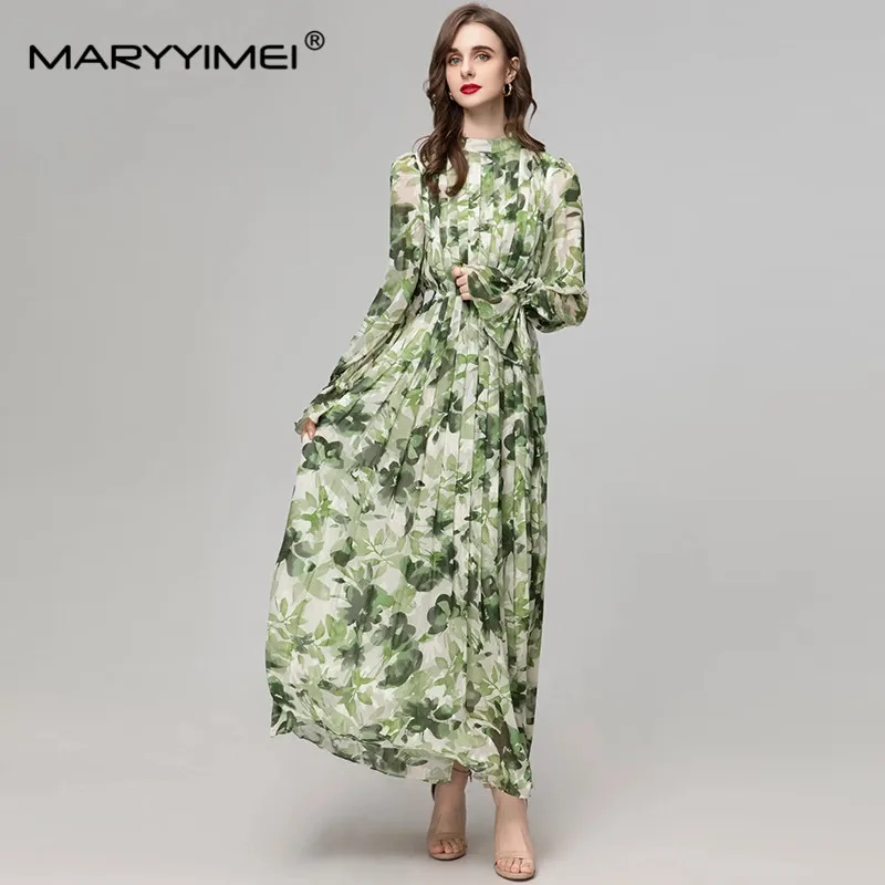 MARYYIMEI New Fashion Women's Stand Up Collar Lantern Long Sleeved Pleated Slim Fit Printed Holiday Elegant Medium Length Dress