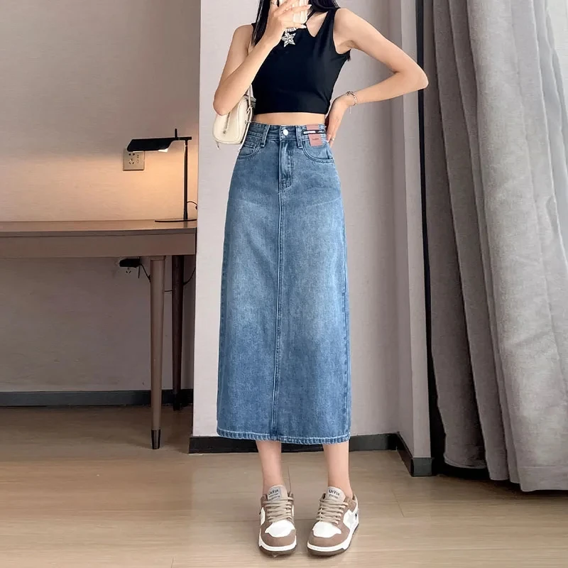 

Women's Split Denim Skirt Summer High Waist Distressed Long Jean Skirts Korean Style Vintage Straight Midi Casual A-Line Faldas