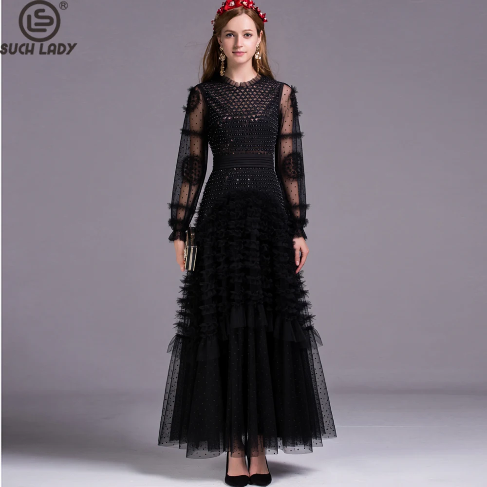 Women's Black Sequin Long Sleeve Maxi Dress Elegant Tulle Layered Formal Evening Gown with Sheer Bell Sleeves Fitted Waist