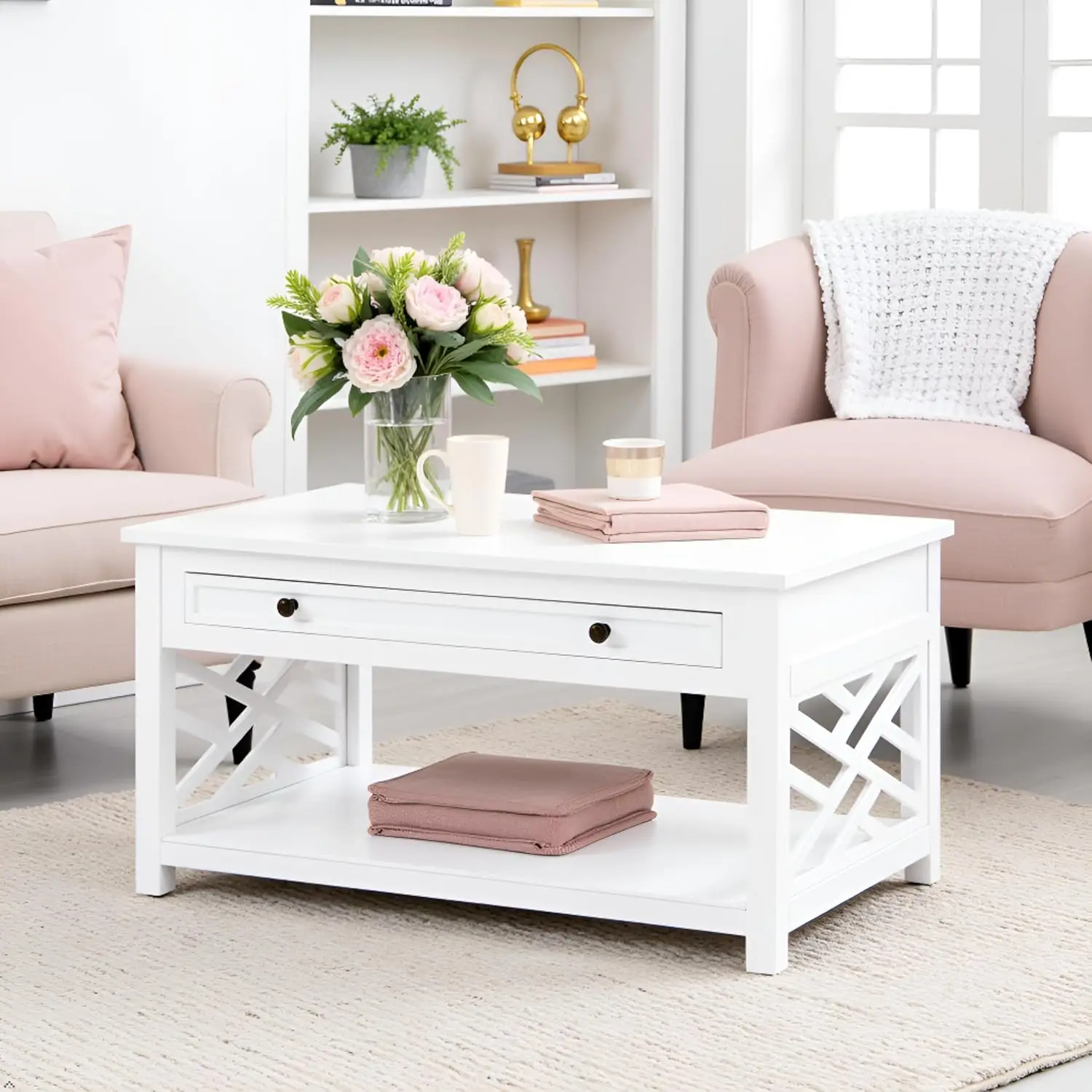 36" Modern White Wood Coffee Table - Coventry Accent Furniture with Drawer & Open Shelf, for Living Room Storage & Décor