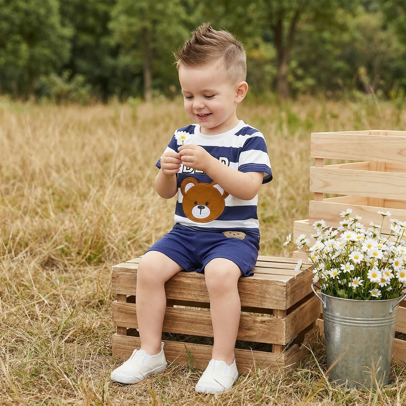 Baby Boys Summer Outfits Bear Letter Embroidery Striped Short Sleeves T-Shirt and Elastic Shorts Set for 2 Piece Clothes