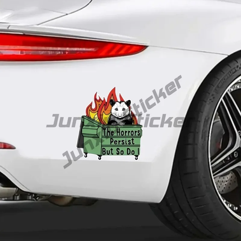 The Horrors Persist But So Do I Cartoon Opossum Vinyl Decal, Suitable for Laptops, Cars, Trucks, Motorcycles, Window
