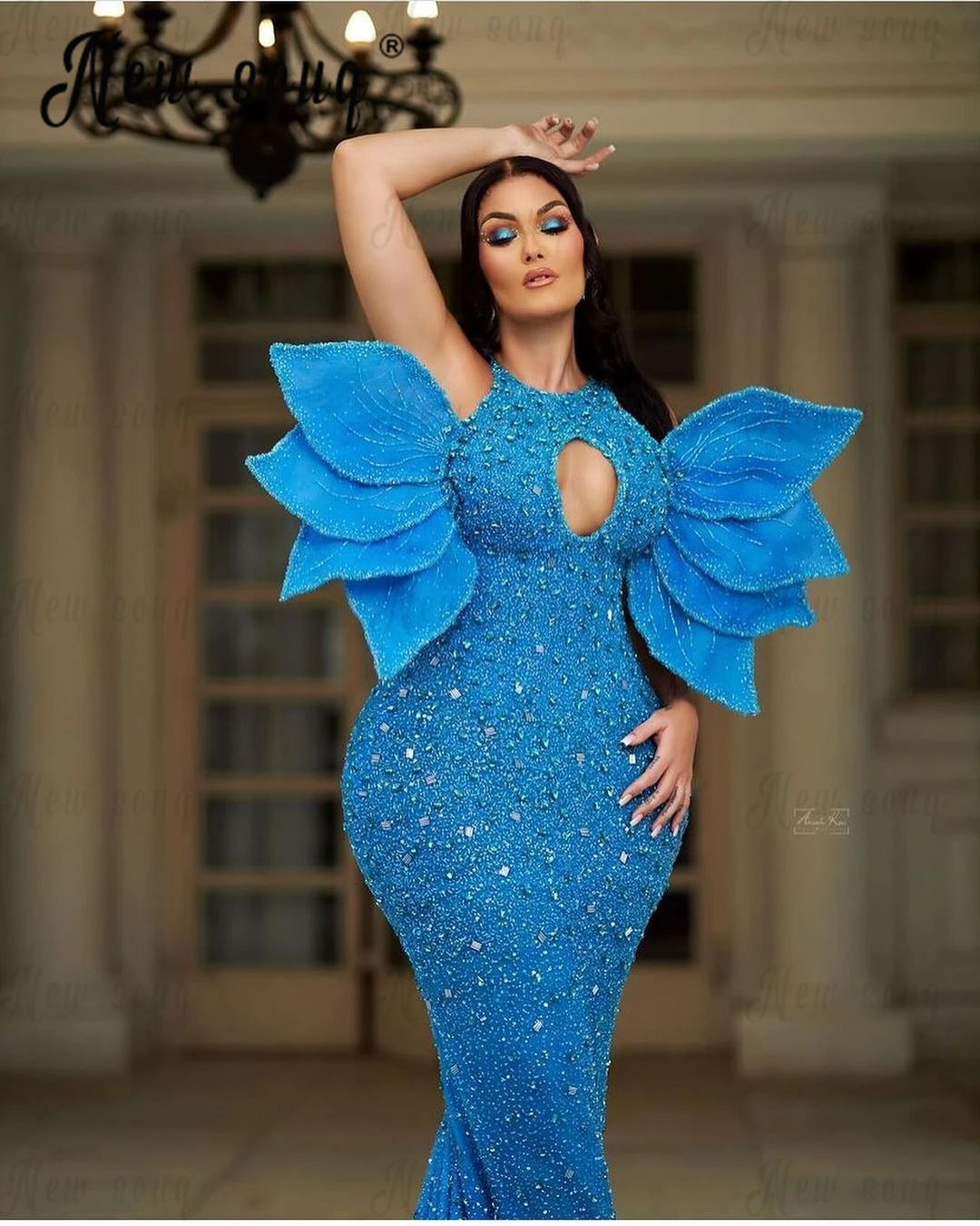 3D Leaf Flowers Crystals Blue Long Party Dress Luxury Mermaid Ruffles Off Shoulder Wedding Guest Gowns Pageant Dress Customized