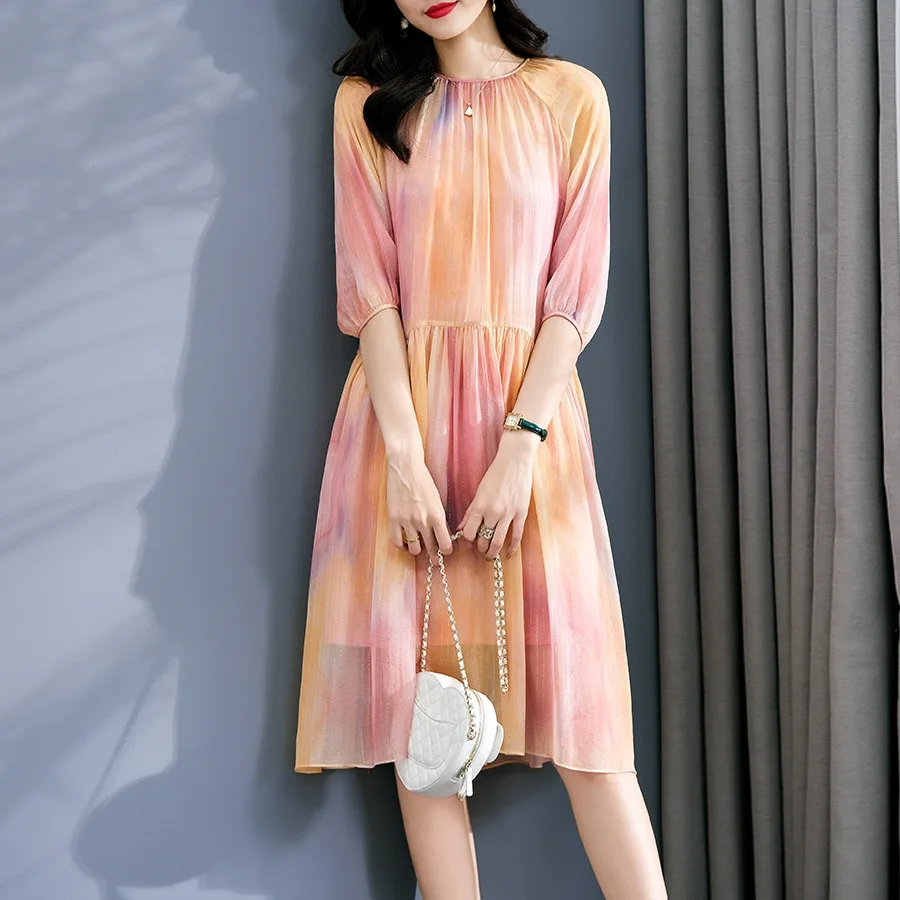 Birdsky, 1PC Women dress 2pcs set O neck 7 sleeve A line 95% real mulberry silk 5% polyester rainbow color, S-699