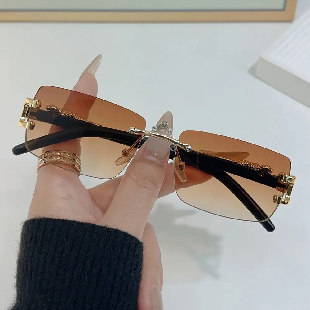

Stylish Leopard Decor Rectangular Sunglasses Cut-Edge Metal Frame Rimless Shades UV400 Protection Sun Glasses for Women & Men