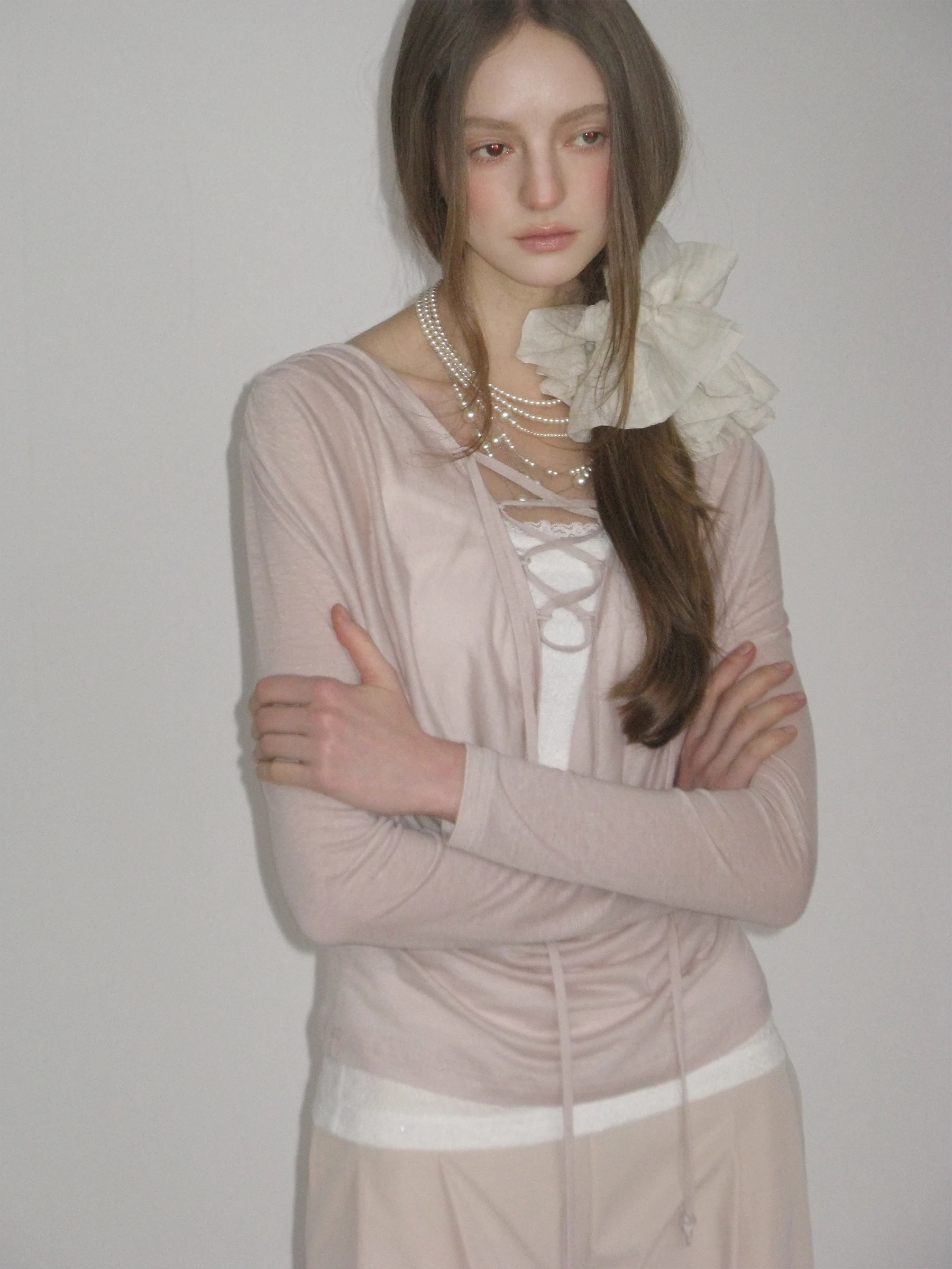 Original Romantic Girl's Cover up Top in Nude Pink by Today's Artist Loose Fit Long Sleeve Knitted Lace Shirt for Women