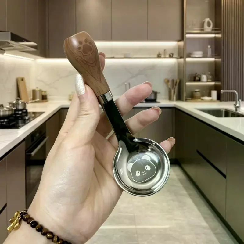 Stainless Steel Short Handle Soup Spoon Cute Panda Pattern Non Slip Wood Grain Handle For Kids Toddlers Daily Use