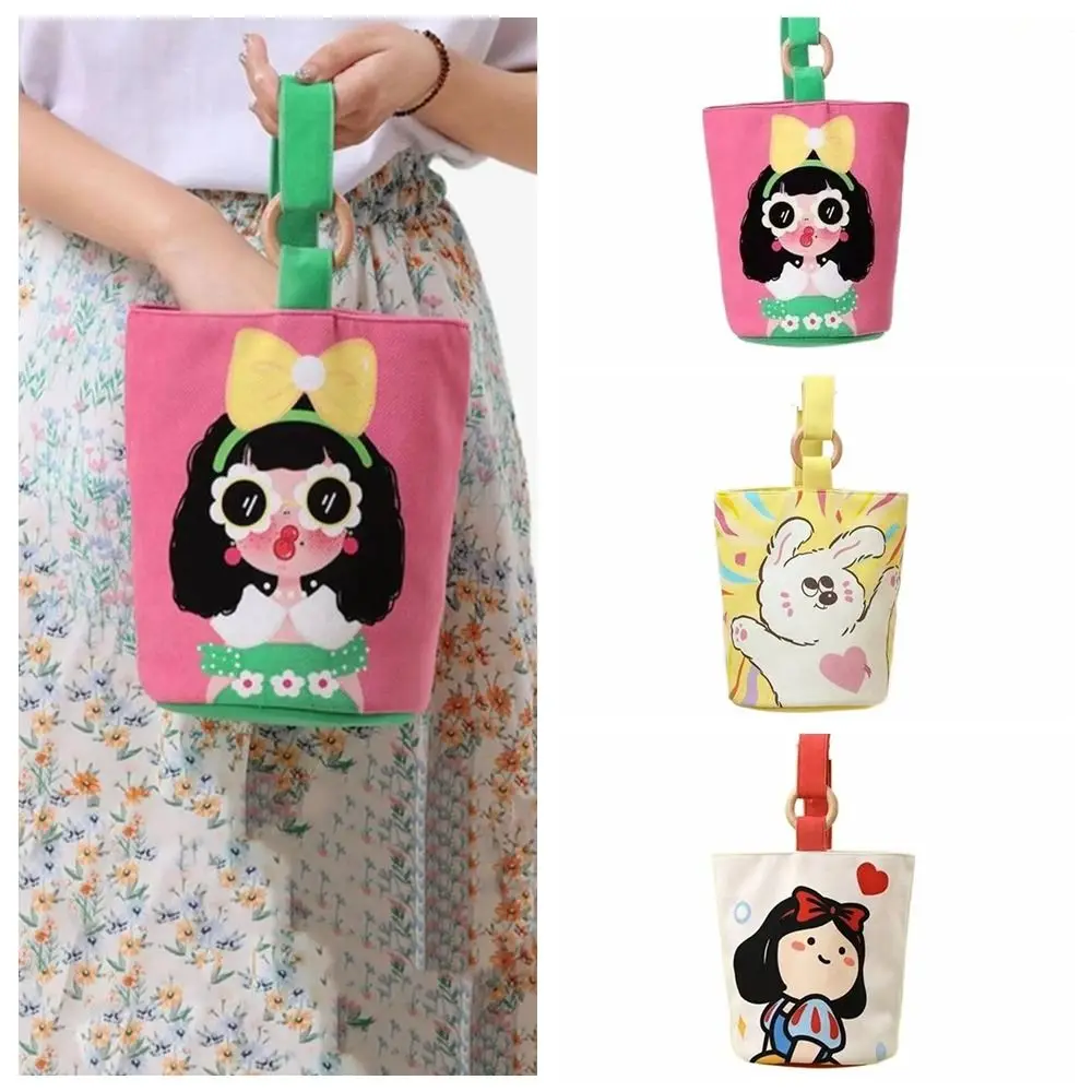 

All-match Cartoon Canvas Bucket Bag Girl Korean Style Canvas Shoulder Bag Lunch Bag Tote Bag Cartoon Mummy Bag Travel