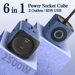 LDNIO Power Strip Cube 3 Universal Outlet with 65W 3 USB Ports 2500W Surge Protection 2M UK/EU/US Plug Extension Cord Switch