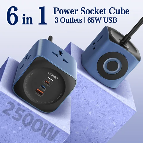 LDNIO Power Strip Cube 3 toma Universal con 65W 3 puertos USB 2500W protección contra sobretensiones 2M interruptor de cable de extensión de enchufe UK/EU/US