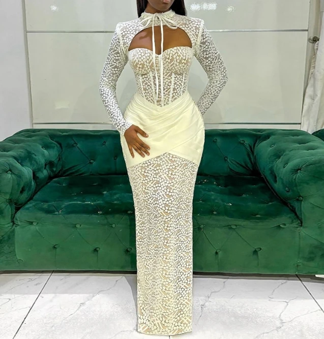 Sexy Slim One Step Skirt for Women Solid Color Temperament Hollow Lace Long Sleeved Lace Lace Up Party Banquet Long Slit Dress