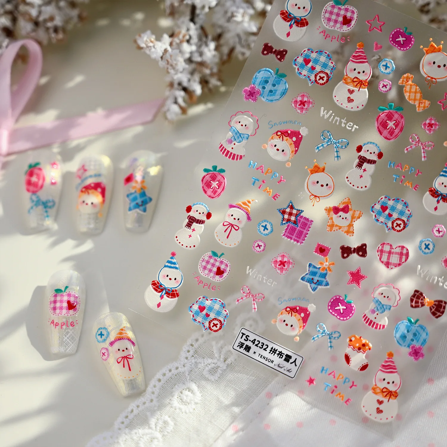 

New Embossed Cartoon Cute Nail Stickers Christmas Snowman Winter Happy Time Socks Nail Stickers DIY Manicures Tips Decorations