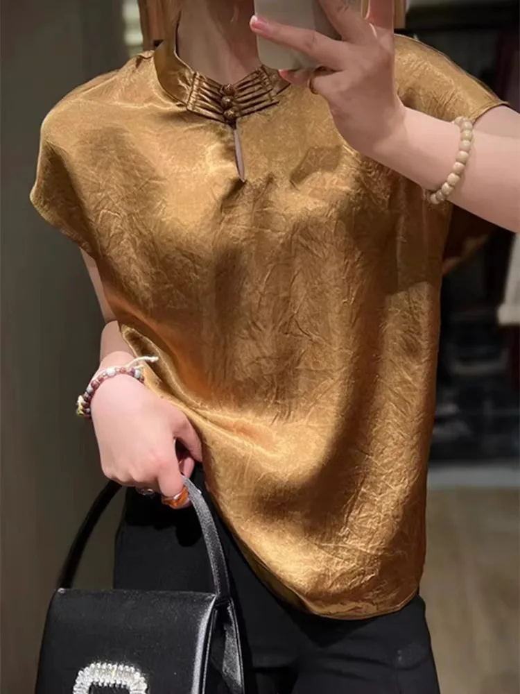 

Satin Silk Jacquard Retro Shirt Women Short Sleeve Floral Printed Blouses Chinese Style Vintage Loose Tops Summer New Fashion