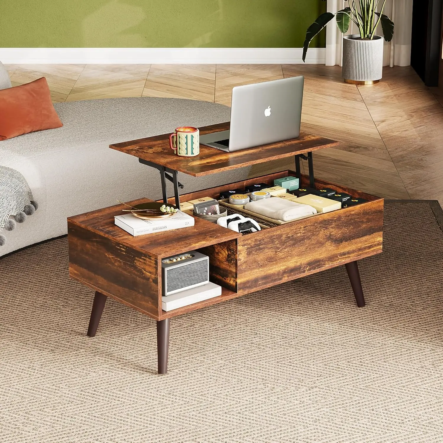 

Lift Top Coffee Table with Storage, Rising Wooden Dining Center Table with Storage Shelf & Hidden Compartment, 39" Rustic Brown