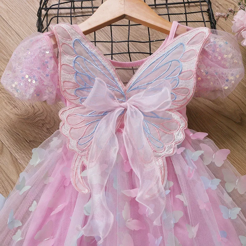 Neonate ali di farfalla fata garza principessa manica a sbuffo vestito adorabili bambini estate Tulle vestito bambino festa di compleanno abito