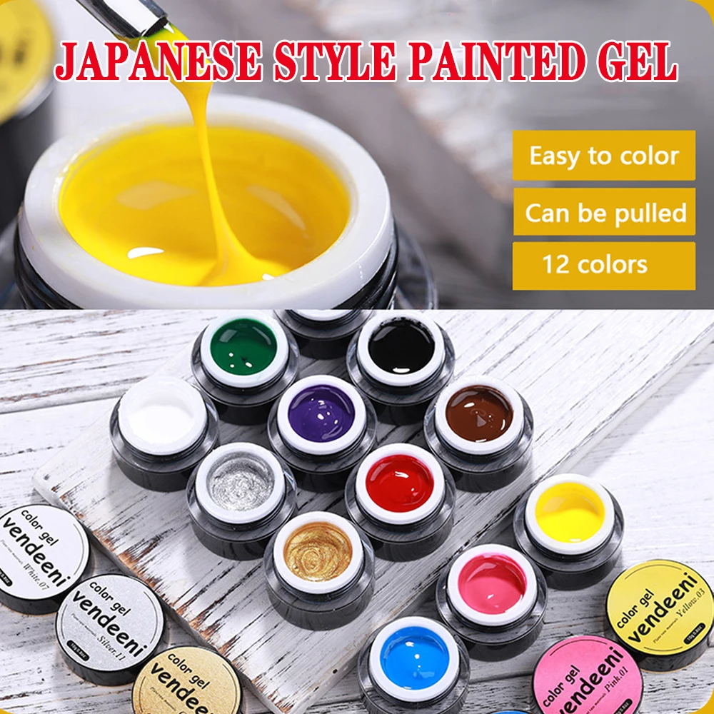 Vendeeni 12 Colors Red Black White Colorful Metal Pull Line Powder Spider Gel Nail Polish UV LED Painting Manicure Varnish