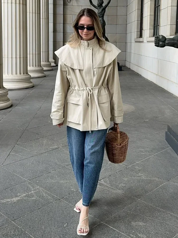 Femmes col bateau ceinture coupe-vent décontracté solide fermeture éclair poche veste ample 2025 automne dame quotidien banlieue vêtements d'extérieur