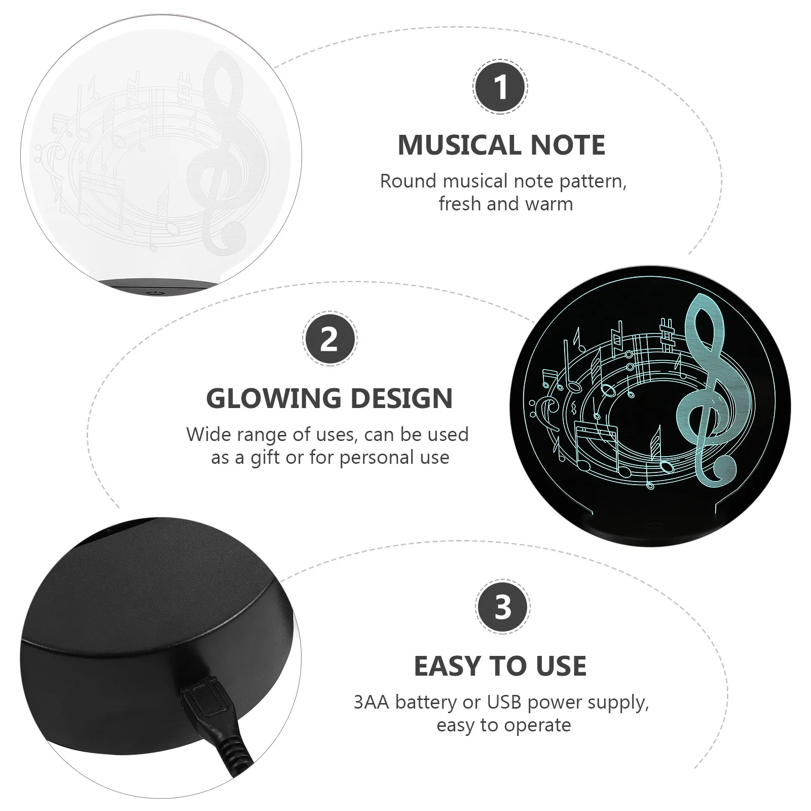 

1 set Led Night Lamp Black Round Music Notes Pattern Creative Desk Decoration Light For Home Bedroom Office Decor Adornment Lamp