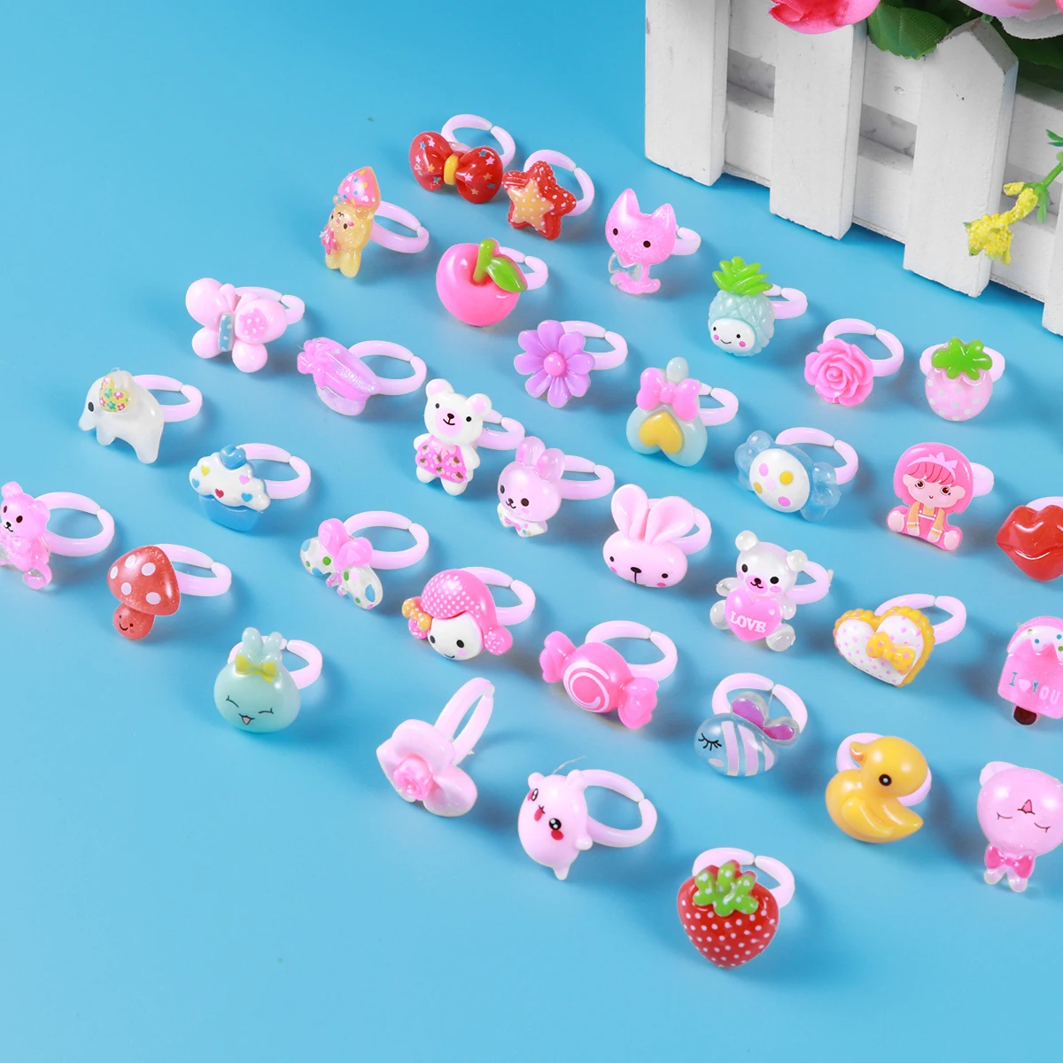 36 Uds. Anillos transparentes para niños, conjunto de joyería de dibujos animados coloridos, recuerdos de fiesta, bolsa de regalos de cumpleaños, rellenos de piñata