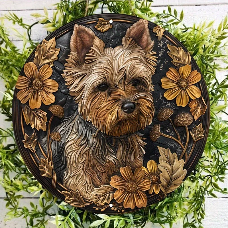 Aluminum Metal Yorkshire Terrier Decorative Plate, Waterproof Round Wall Sign, Home Decor HD Printing Outdoor Indoor Art Display