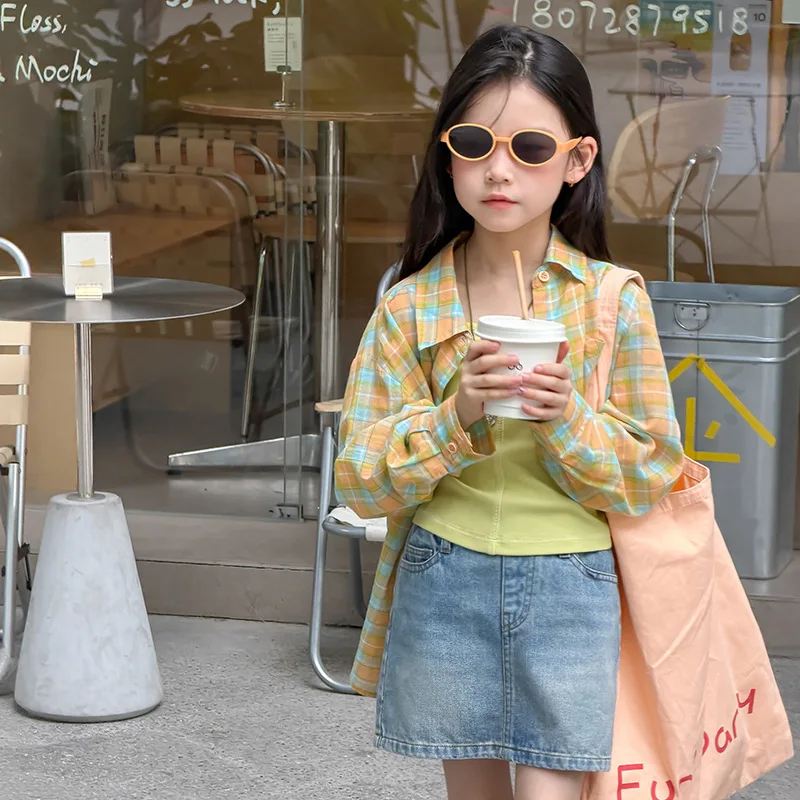 Girls Summer Plaid Lightweight Cotton Comfortable Sunscreen Shirt Jacket Trendy 2026 Summer New Versatile Long Sleeve Shirt