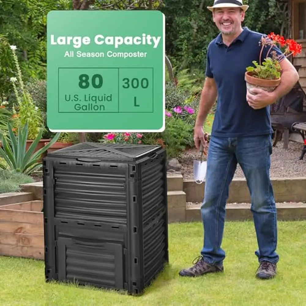 Outdoor Compost Bin 80 Gallon Garden Waste Container Top Lid & Bottom Door Aerating Compost Box Ultimate Composting Solution